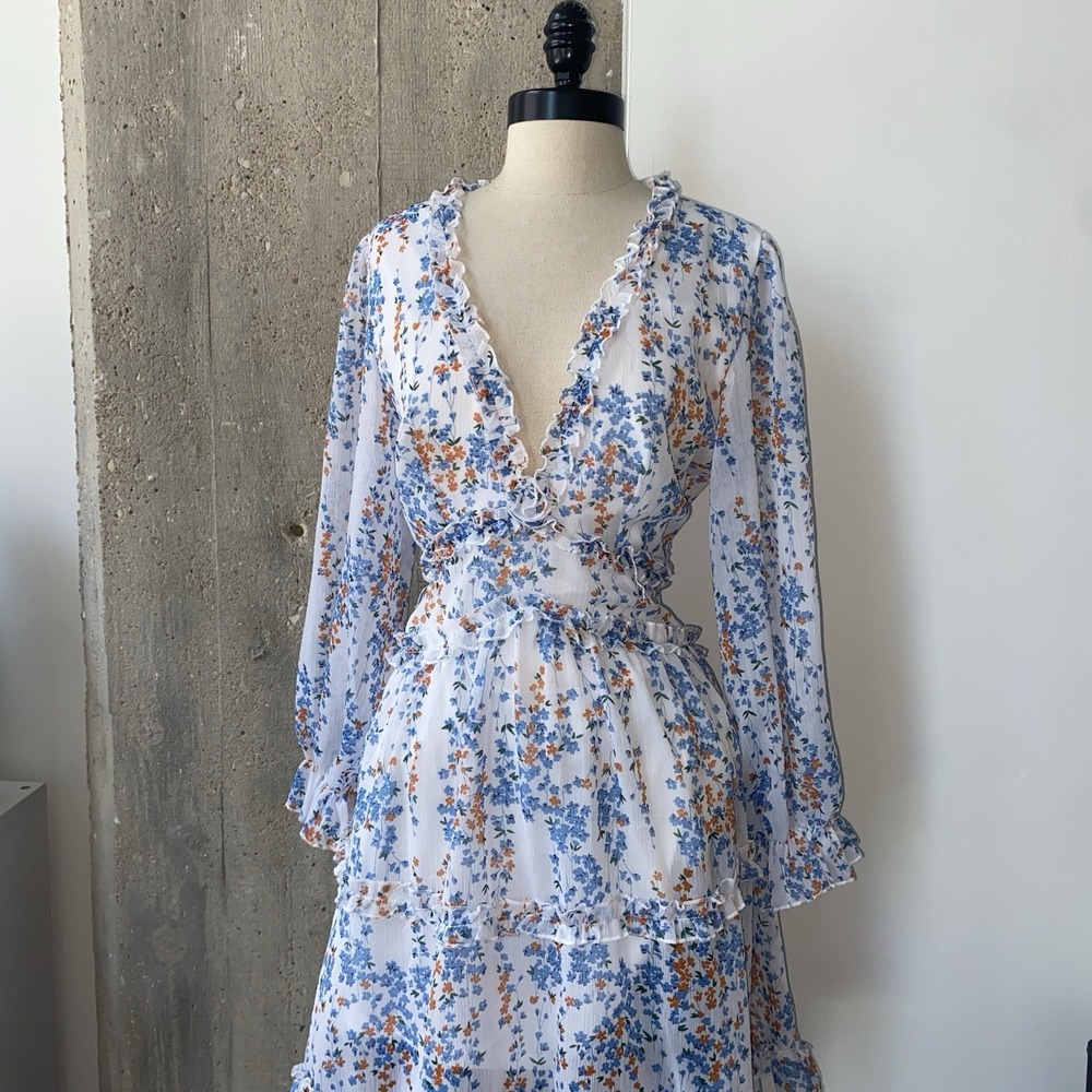 No‎ Brand Deep V- Neck Blue Ruffled Long Sleeved Dress Babydoll Summer 1428